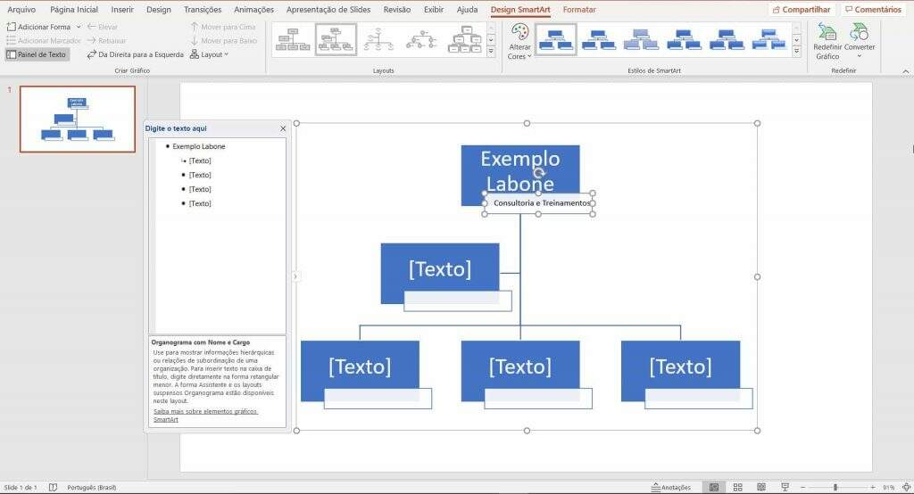 O quinto passo de como montar o organograma no Powe Point
