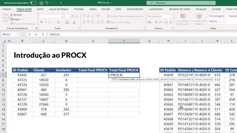 Na foto, temos o uso do PROCX no Excel 