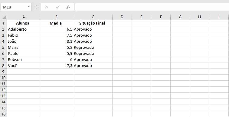 Temos o resultado do exemplo média final usando a função se 