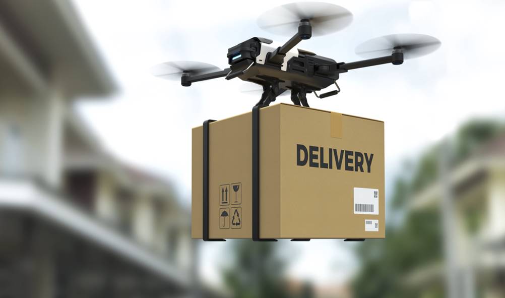 Nesta foto temos um drone entregando uma encomenda. Algo comum na logística 4.0